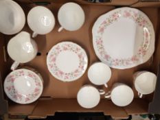 Colclough floral teaware to include 6 cups, 6 saucers, 6 side plates, milk, sugar and cake plate (