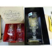 Three Glass Goblets Commemorating Queen Elzabeth II Silver Jubilee (2 boxes) together with A Small