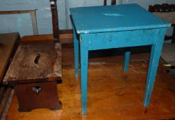 Two Small Stools, One Heavy with Craved Heart Motifs to sides. The other in overpainted light