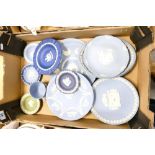 A collection of Wedgwood Jasperware including pin dishes, Christmas plates, cup, oval dressing table