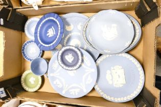 A collection of Wedgwood Jasperware including pin dishes, Christmas plates, cup, oval dressing table