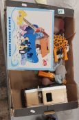 A collection of wooden children toys to include Zebra themed car, animals, noahs ark shapesorter