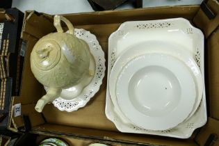 A collection of Hartley Greens & Co Leeds Pottery including large teapot, reticulated serving trays,