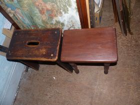 Two Small Stools one with Ecclesiastic Style Carving, the other on turned legs. Height of tallest: