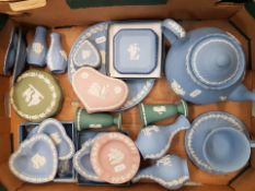 A collection of Wedgwood jasperware items to include teapot, cup and saucer, trinket box, plate