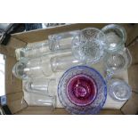 A mixed collection of vintage glass including cranberry bowl & jug, Art Deco blue fruit bowl,