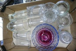A mixed collection of vintage glass including cranberry bowl & jug, Art Deco blue fruit bowl,