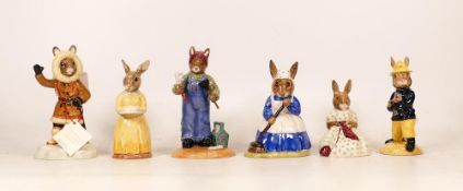 Royal Doulton Bunnykins figures to include Clean Sweep Db6, Busy Needles Db10, Fireman Db75, 60th