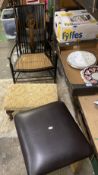 A mixed furniture lot to include an upholstered footstool, dark oak and canework elbow chair and a