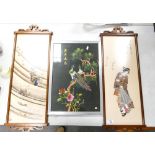 Three Modern Japanese Inspired Framed Pictures & Embroidery., largest 78 x 29cm(3)