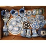 A collection of Wedgwood jasperware items to include, jugs, vases, pin dishes, candle holders,