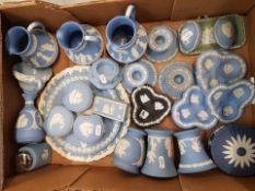 A collection of Wedgwood jasperware items to include, jugs, vases, pin dishes, candle holders,