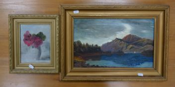 Two Victorian Oil on Canvas Paintings, to include one Mountainous Landscape together with a Floral