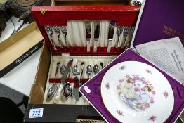A mixed collection of items to include Mid Century Cutlery canteen, Boxed Royal Doulton Valentines