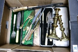 A mixed collection of metalware items to include horn handled knives, cased silver plated