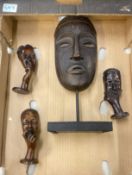 Hand carved Wooden face mask together with 3 character Sculpture ornaments (1 tray)