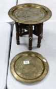 WW2 Era Islamic Small wooden Table with Brass Tray Tops, diameter of largest 30.5cm