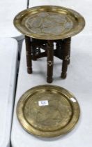 WW2 Era Islamic Small wooden Table with Brass Tray Tops, diameter of largest 30.5cm