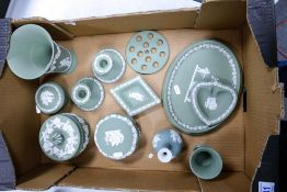 A good Collection of Sage Green Wedgwood items including candlesticks, , lidded sweet boxes,
