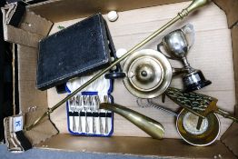 A mixed collection of metalware items to include cased cutlery, silver plated items, brass shoe