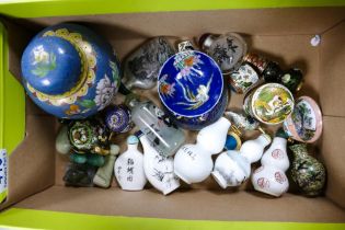 A collection of miniature 20th Century items including perfume bottles, cloisonne enamels, double