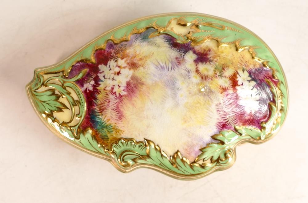 Coalport porcelain jewelled lidded box. Painted with vibrant floral scene on cream ground with green - Image 5 of 5