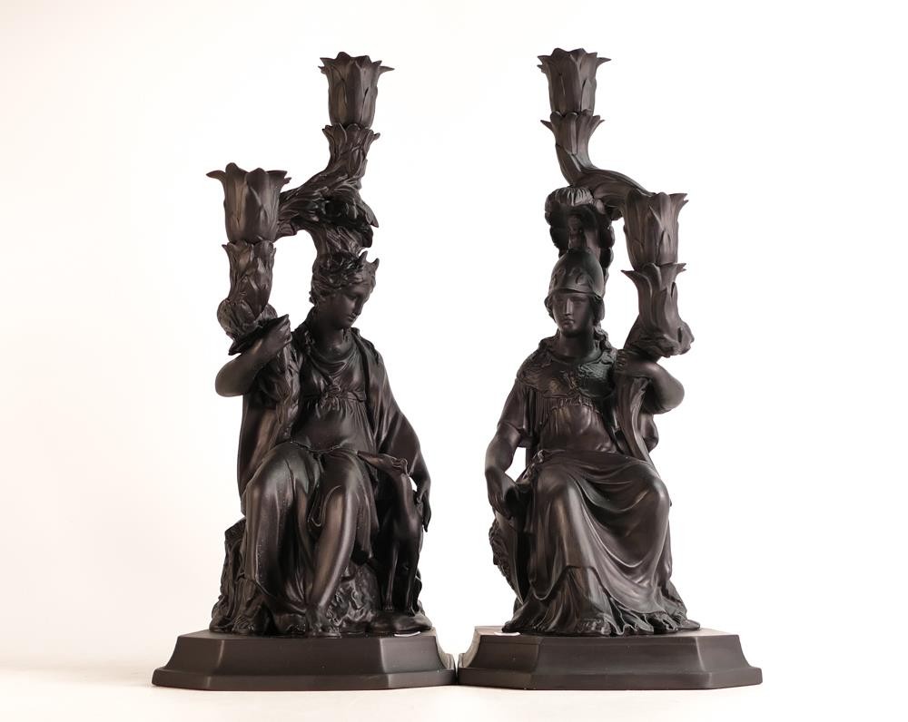 Wedgwood & Bentley limited edition black Basalt figural candlestick depicting Diana and Minerva. - Image 6 of 9