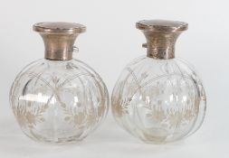 Large pair of faceted & etched perfume bottles, complete with stoppers in good overall used