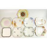 Nine Shelley tab handle square bread and butter plates. Patterns 11216, 2129, 293, 0168, 0183,