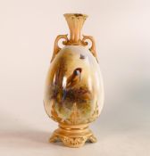 Royal Worcester hand painted bud vase. Painted with Songbirds by E. Barker. Damage to base and