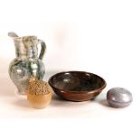 A collection of Studio Pottery items including large mottle glazed jug, circular lidded box, sheep