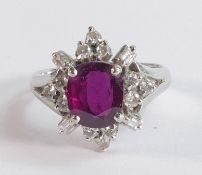 18ct gold ruby & diamond cluster ring, size M, main stone 8mm x 6mm, stamped 18k & tested as such