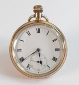 9ct gold keyless pocket watch, replacement steel bow, 88.5g.