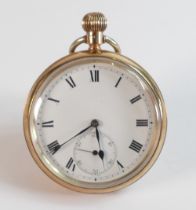 9ct gold keyless pocket watch, replacement steel bow, 88.5g.