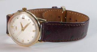 Hamilton 9ct gold mechanical wristwatch with brown worn leather strap. In ticking order at time of