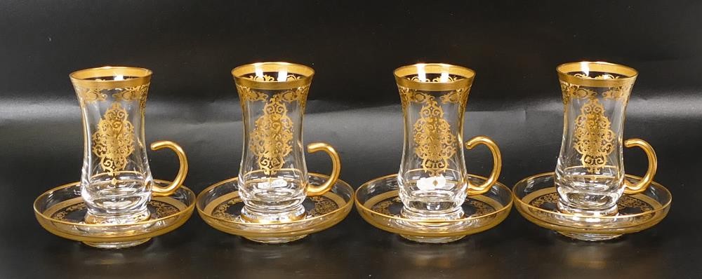 Four De Lamerie Fine Bone China heavily gilded Arabic style coffee cups & saucers, specially made