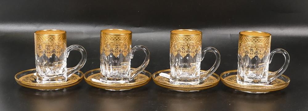 Four De Lamerie Fine Bone China heavily gilded Arabic style coffee cups & saucers, specially made