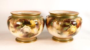 Pair of Royal Worcester Hadley Ware jardinières, gilded & hand painted with roses by M E Eaton,