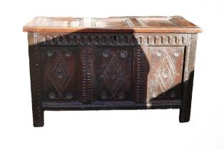 18th century 3 panelled carved Oak coffer, of good colour, w.114 x d.56 x h.70cm.