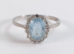 18ct white gold aquamarine & diamond cluster ring, 1 diamond missing, size S, main stone 9mm x