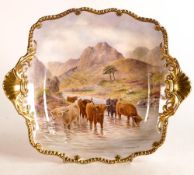 Royal Worcester hand painted handled bowl. Painted with Highland cattle by P. Stanley. Fully gilt