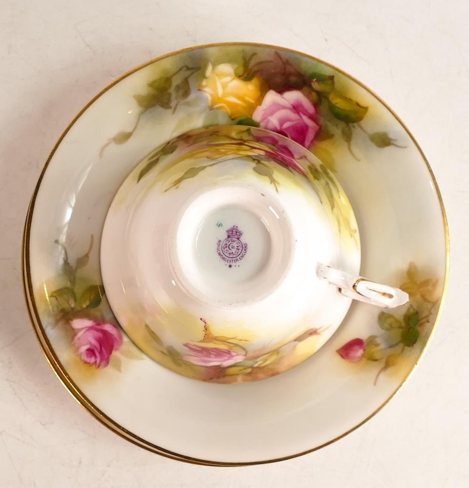 Royal Worcester hand painted Rose tea cup and saucers. Painted with yellow and red Roses. Includes - Image 7 of 7