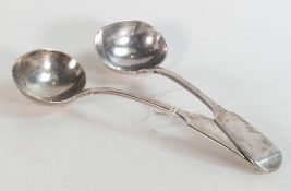 Pair of Victorian silver ladles hallmark for London 1842, weight 153g, maker WE. Good used