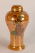 Crown Devon Fieldings Fairyland Lustre lidded Baluster vase. Orange ground, red and green painted