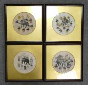 Four Burmese watercolour paintings on silk depicting a procession of Elephants. Behind glass in dark
