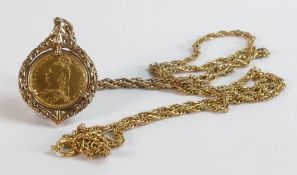 Gold HALF Sovereign dated 1892 in 9ct gold mount with necklace, 22.5g.