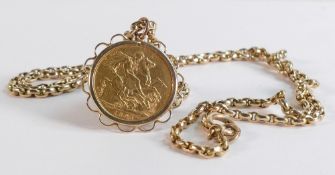 FULL gold Sovereign coin Victoria 1895, 9ct mount and substantial 9ct gold chain 68cm long. Gross