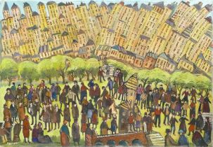 Derek James HIGGINSON (1930-2020), oil painting of a "Townscape", unframed 62cm x 91cm, together