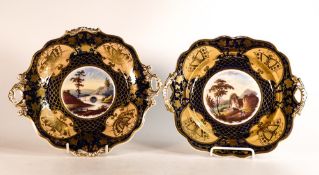 Ridgway porcelain pattern 1045, two dessert plates with hand painted landscapes. Diameter: 25cm (2)