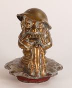 An Old Bill car mascot by Bruce Bairnsfather, signed bronze, and stamped behind trailing scarf,